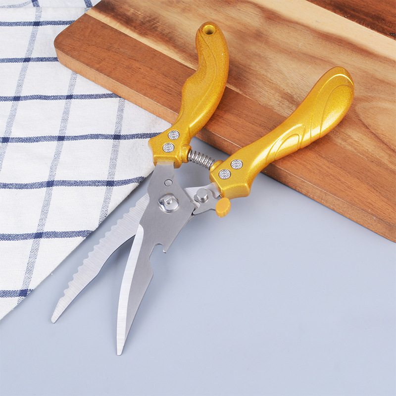Kitchen scissors, multi-functional chicken bone scissors, fish scale scraping magic tool, multi-purpose bottle opening scissors, built-in locking pliers, vegetable scissors Specification drawing
