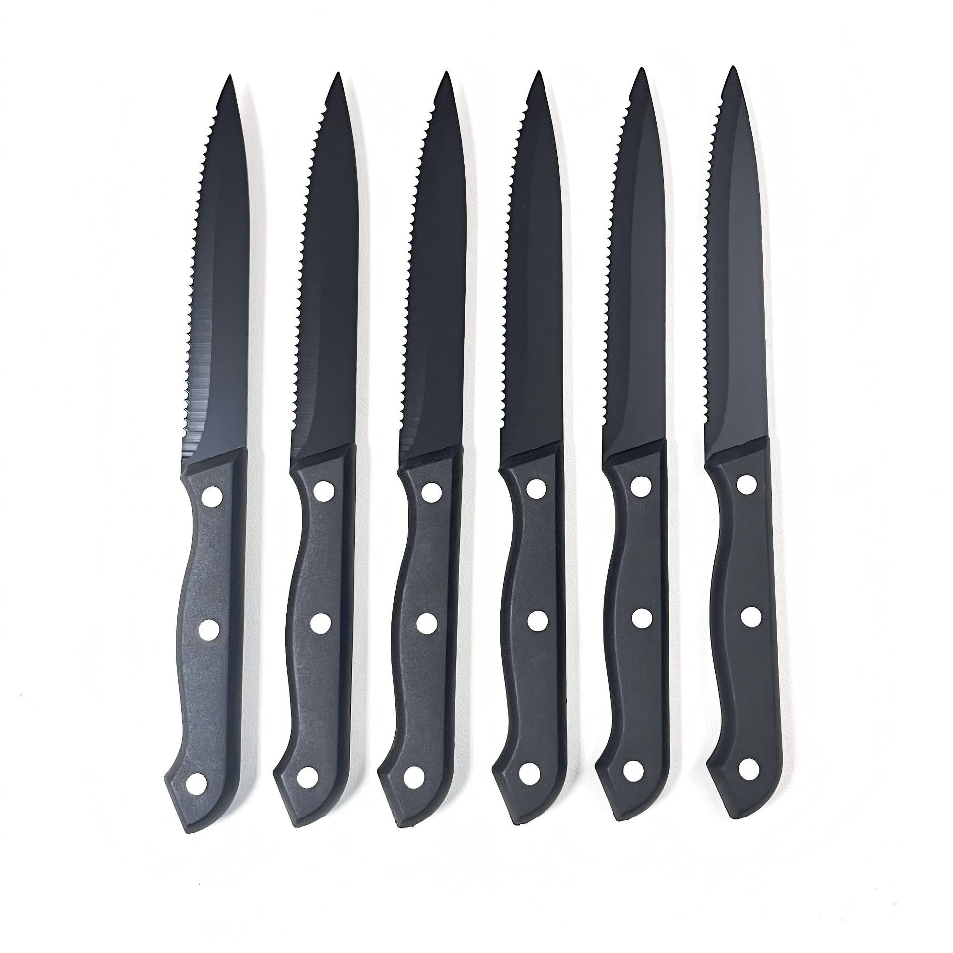 Manufacturer's in-stock stainless steel 5-inch pointed steak knife, Western-style knife, plastic-handled steak knife, serrated knife, steak knife full figure