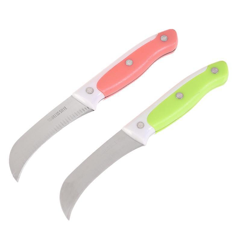 Color plastic handle three-nail stainless steel fruit curved knife, household fruit banana peeler, pineapple curved knife wholesale Item Picture