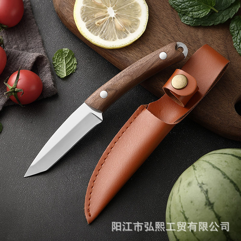 Stainless steel fruit knife with scabbed, kitchen vegetable knife, wooden handle peeler, portable outdoor camping knife, Yangjiang knife full figure