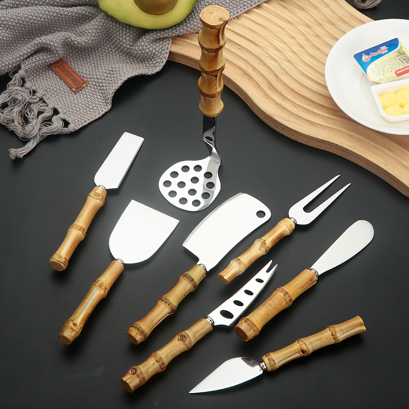 Natural bamboo-handled cheese cream knife, pizza knife, cheese and cheese knife, spatula, potato puree, stainless steel butter knife Specification drawing
