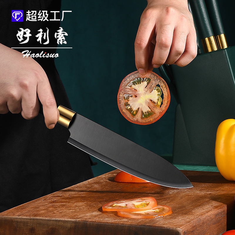 Chinese knife set, kitchen knife combination, complete set of kitchenware, stainless steel household fruit knife, chef knife, black blade knife details Picture