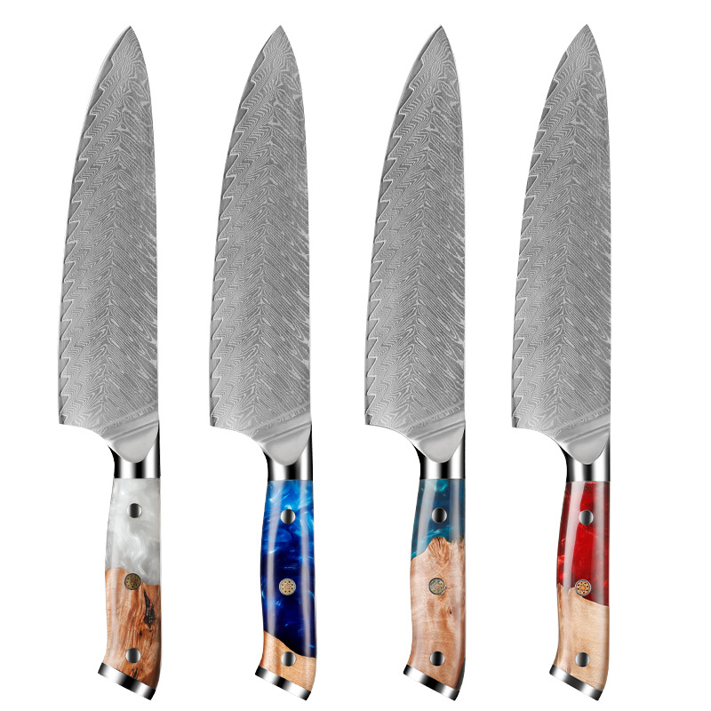 VG10 steel core Damascus steel chef knife, kitchen knife, resin-stabilized wood handle, high-end kitchen knife, slicing knife Item Picture