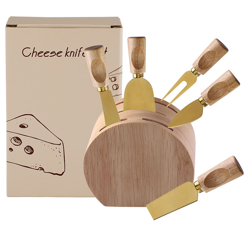 Cross-border stock rubber wood base cheese knife set, stainless steel cheese knife, cream knife, cheese knife and fork set, 5 pieces Item Picture