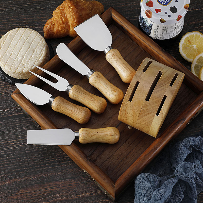 Cross-border stock rubber wooden base cheese knife and fork, cream trowel, cheese spatula set, stainless steel cheese knife 6-piece set Application Scenario