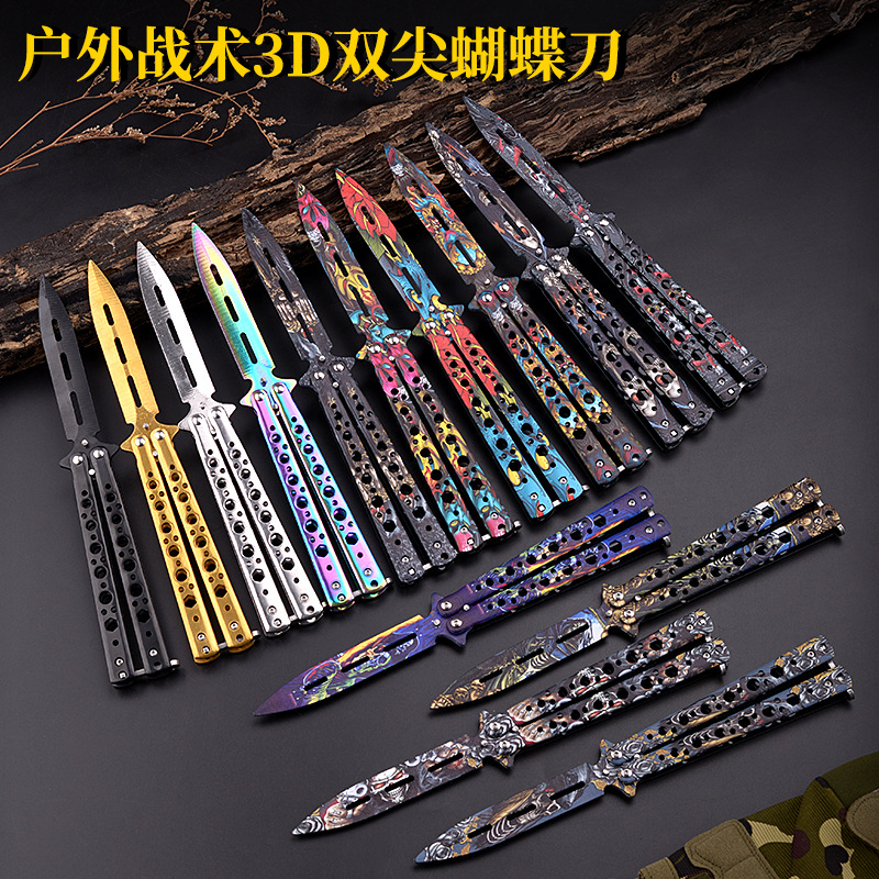 The manufacturer's CSGO game double-pointed butterfly knife tool is made of stainless steel. It is used for training without cutting edges, folding knives, swinging knives, and folding knives full figure