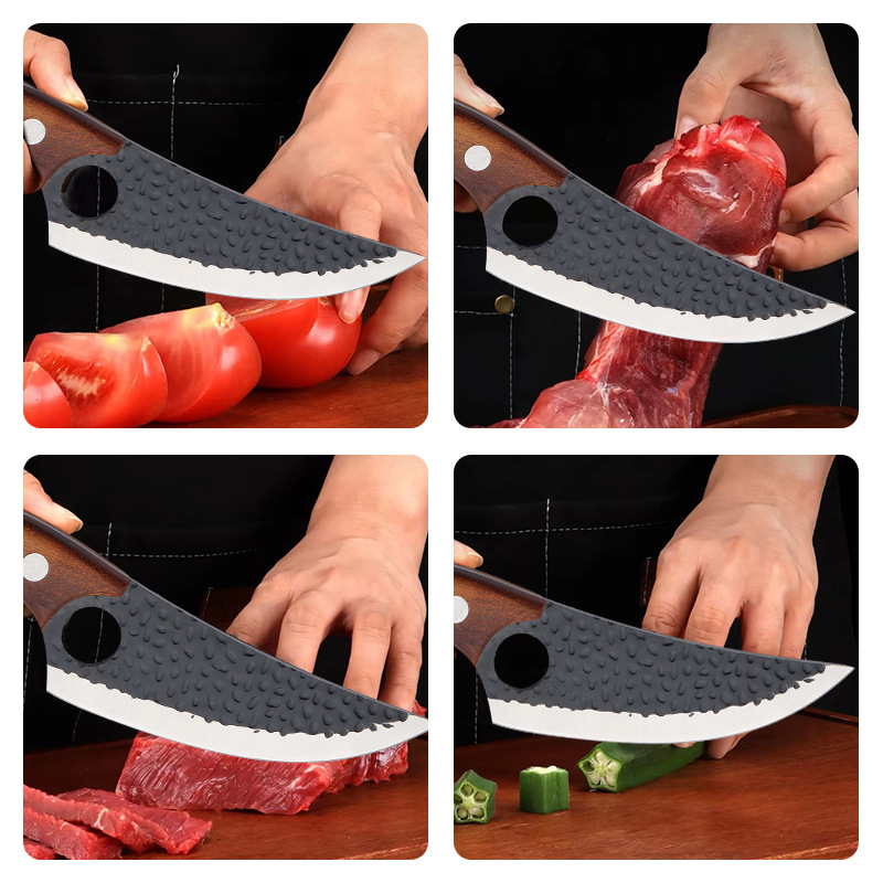 Stainless steel forged hammer-textured boning knife, sharp solid wood handle, slaughterhouse, meat cutting and pig slaughtering knife, household kitchen knife Specification drawing