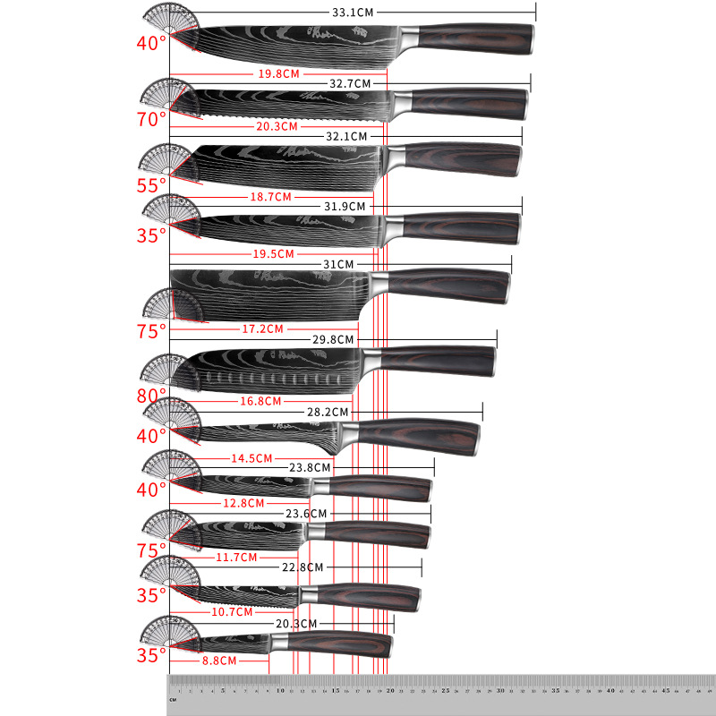 Cross-border Damascus colored wood chef knife set, Japanese cooking knife, fruit knife, kitchen knife, stainless steel knife set Specification drawing