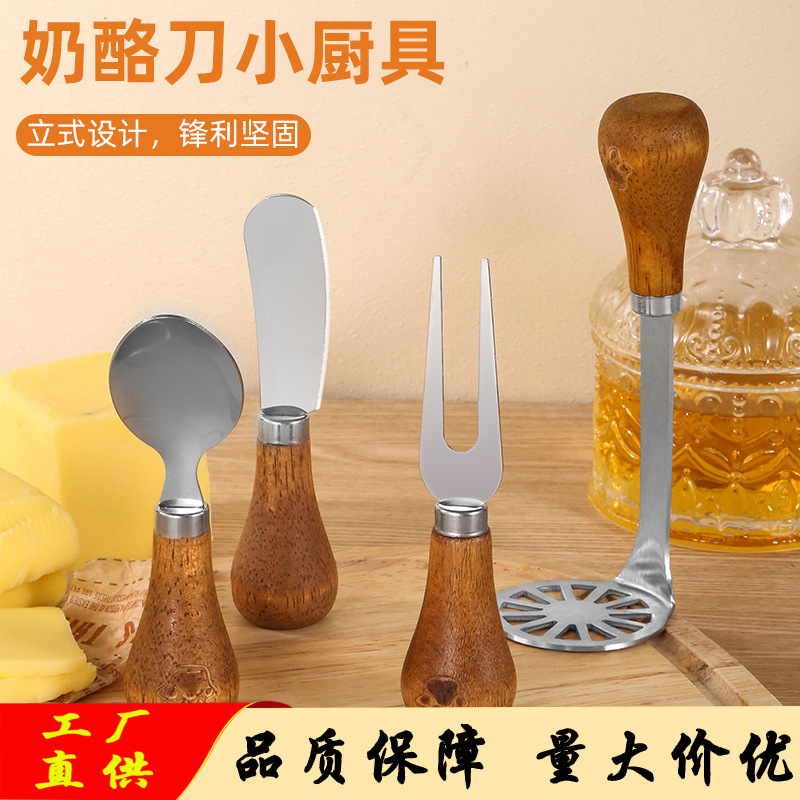 Creative kitchen gadgets: Wooden muddle, cheese and cheese knife, butter spatula, potato muddle, knife and fork set full figure