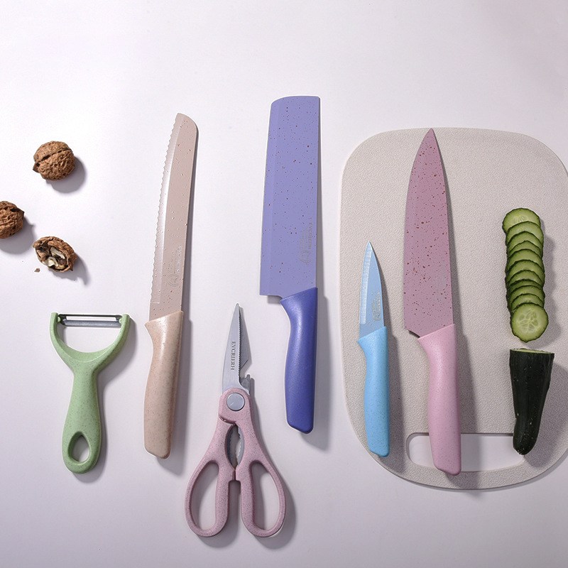 Hot-selling 6-color wheat straw gift knife, stainless steel knife set, box set, kitchen knife set, fruit knife details Picture