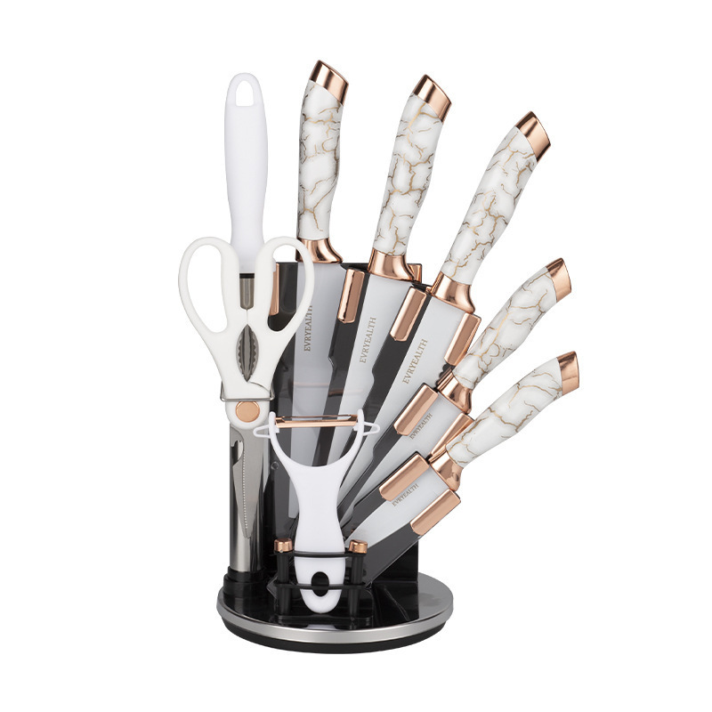 Knife set, rotating base, kitchen knife set, double electroplated head with knife base, marble-patterned handle, nine-piece set combination Application Scenario