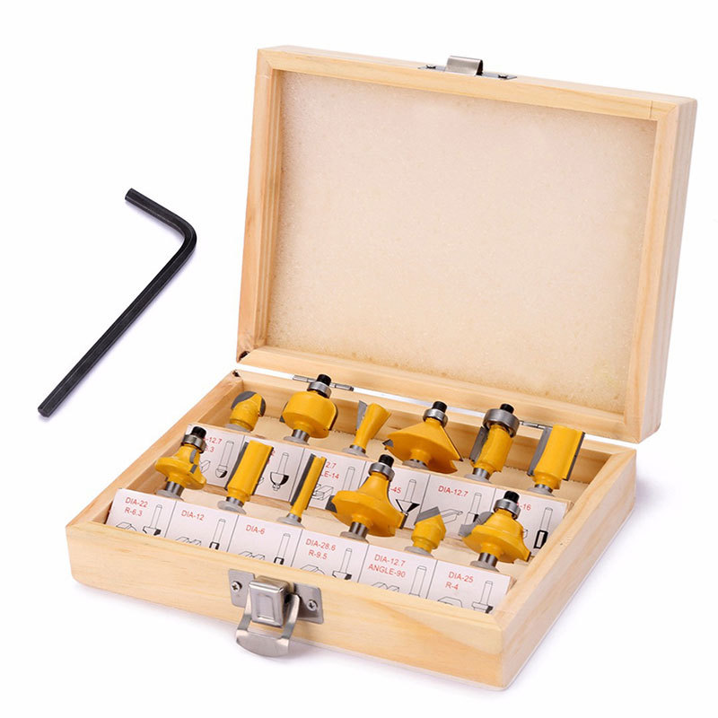 Wholesale of 12-piece milling cutter sets, woodworking milling cutter sets, edge decoration machines, engraving machines, tungsten steel alloy cutter heads Item Picture