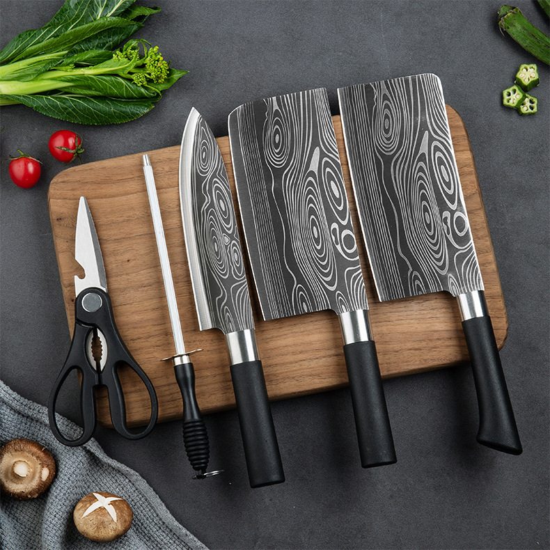 German kitchen knife, Damascus laser-patterned all-steel knife set, household patterned steel bone chopping knife, slicing knife full figure