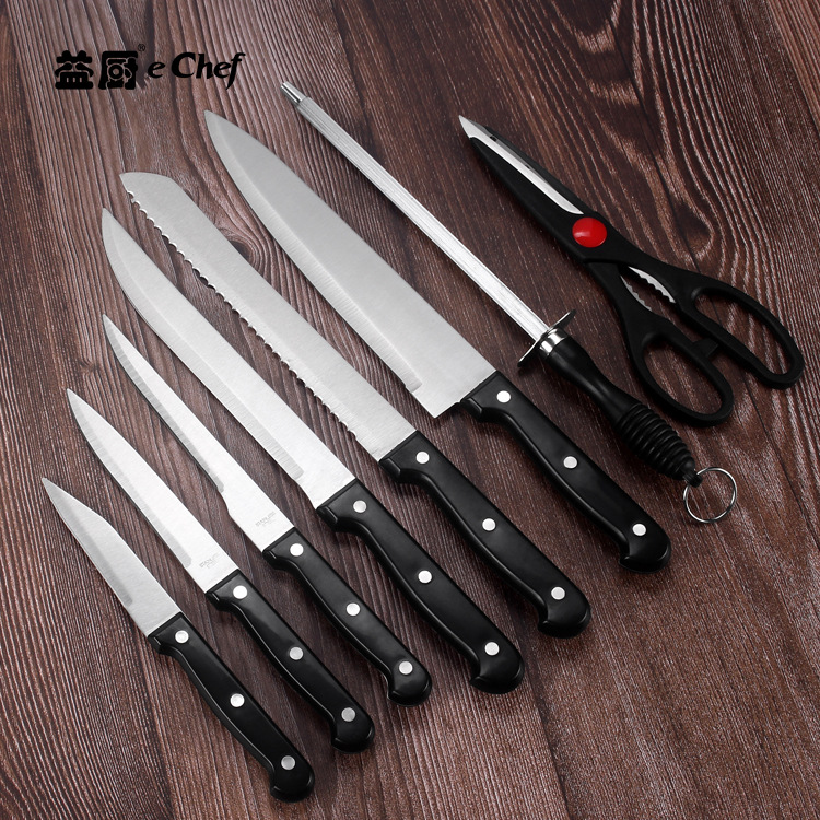 Yangjiang kitchen knife 15-piece solid wood base knife set, home kitchen complete knife set, plastic handle multi-functional knife Specification drawing
