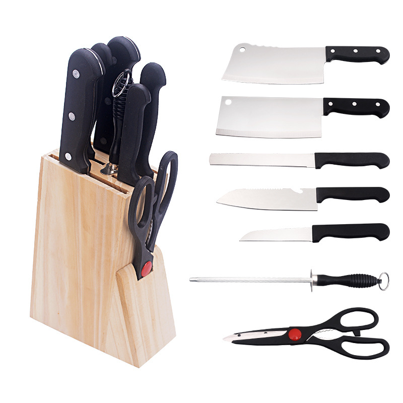 Knife set: Kitchen knife, bone-cutting knife with wooden knife holder, knife stand, eight-piece set, stainless steel knife, business gift full figure