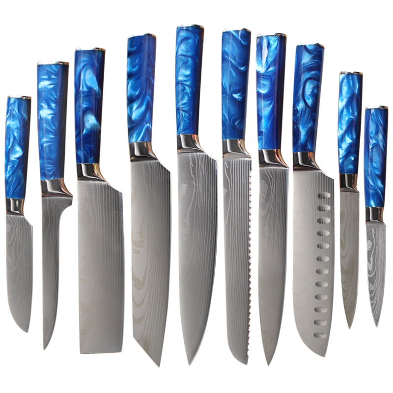 Cross-border Damascus chef knife set, stainless steel laser-patterned small kitchen knife, bread knife, Santoku knife ten-piece set Item Picture