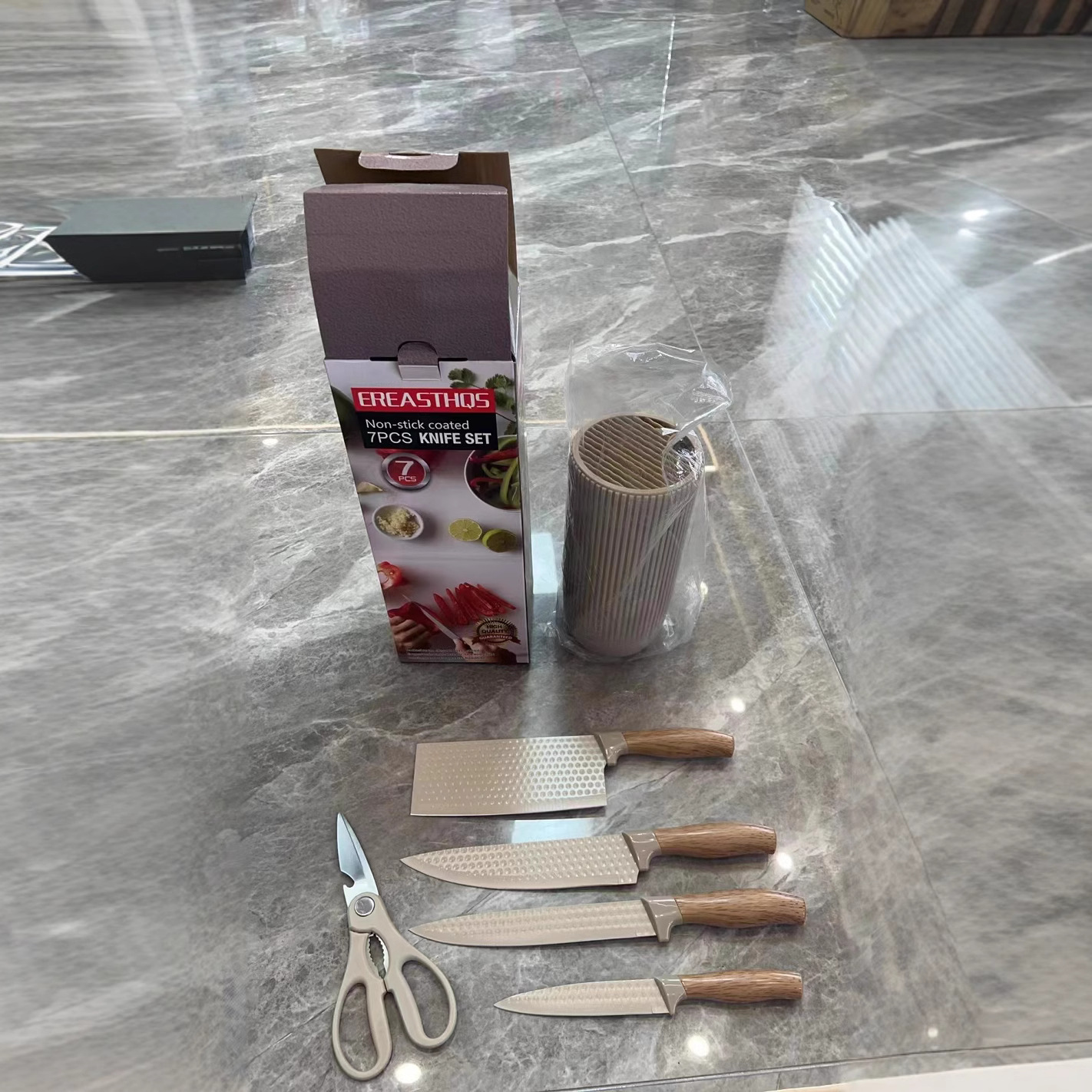 Wholesale foreign trade cross-border kitchenware six-piece set with round barrel knife holder, cover handle kitchenware, kitchen knife, chef knife, kitchenware set Specification drawing