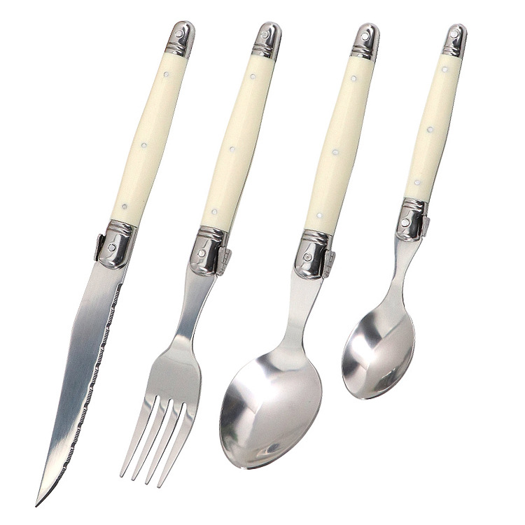 Stainless steel household knife, fork, spoon and spoon set, milky white plastic handle, steak knife, steak fork, spoon, steak, Western cuisine full figure