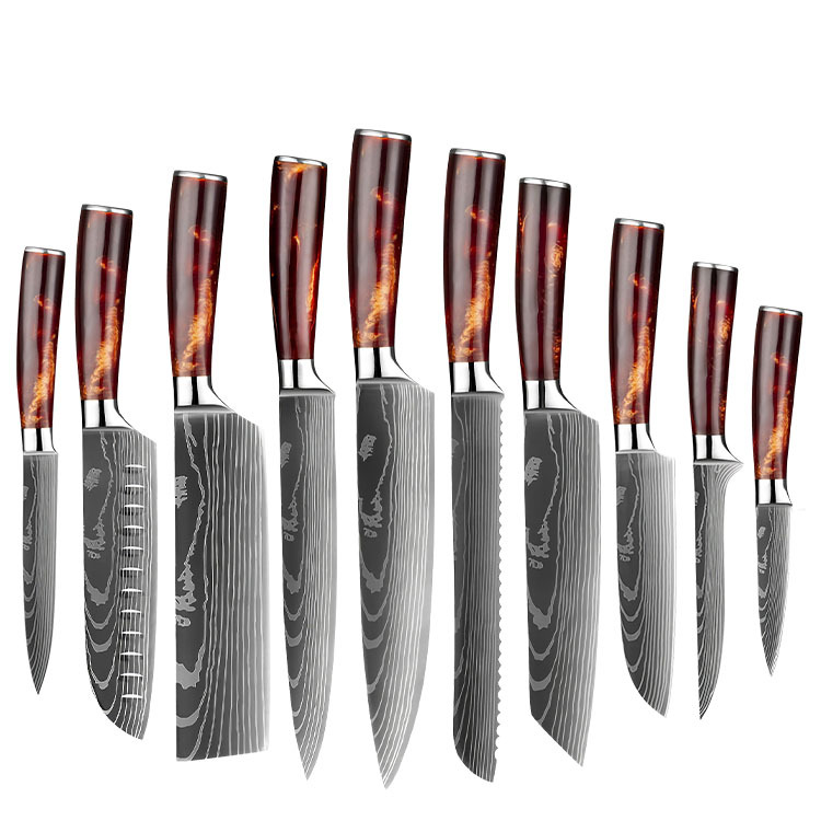 Professional Japanese Damascus laser-patterned chef knife set, kitchen knife set of 10 pieces, Santoku knife Item Picture