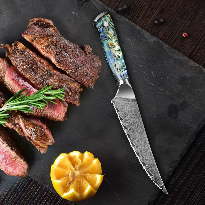 New Damascus sharp steak knife for home kitchen use, abalone + resin handle VG10 steel core kitchen knife Specification drawing