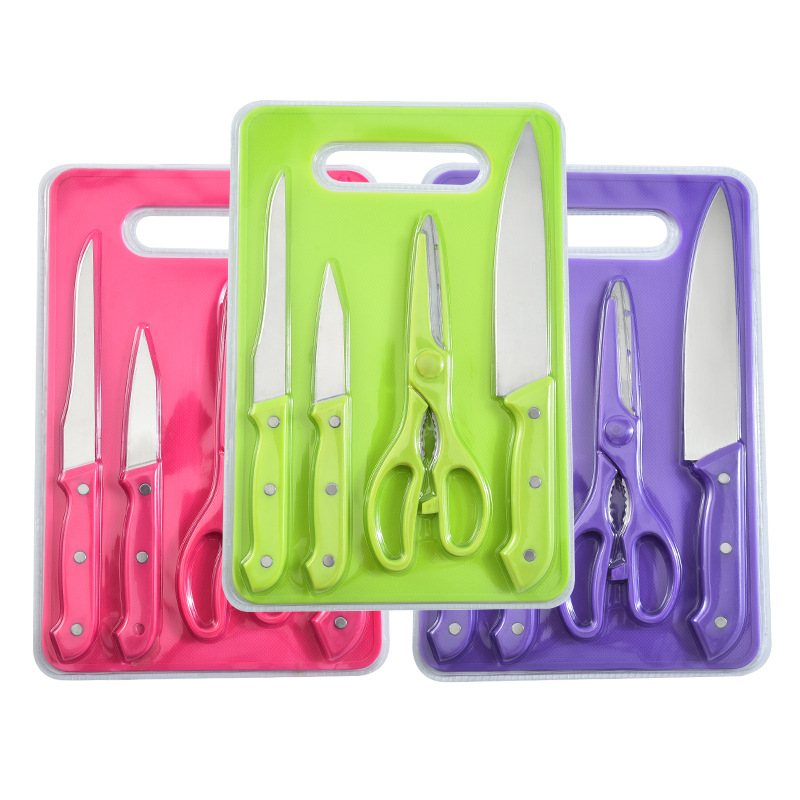 Five-piece set of household stainless steel fruit knives, kitchen knives, scissors, melon peels, colored knife sets, Yangjiang knives in stock Item Picture