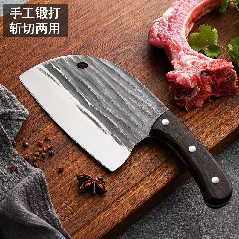 A household kitchen knife with a round head, 3.0mm thick high-carbon steel ABS wood-like explosion-proof handle, suitable for both bone and meat cutting full figure