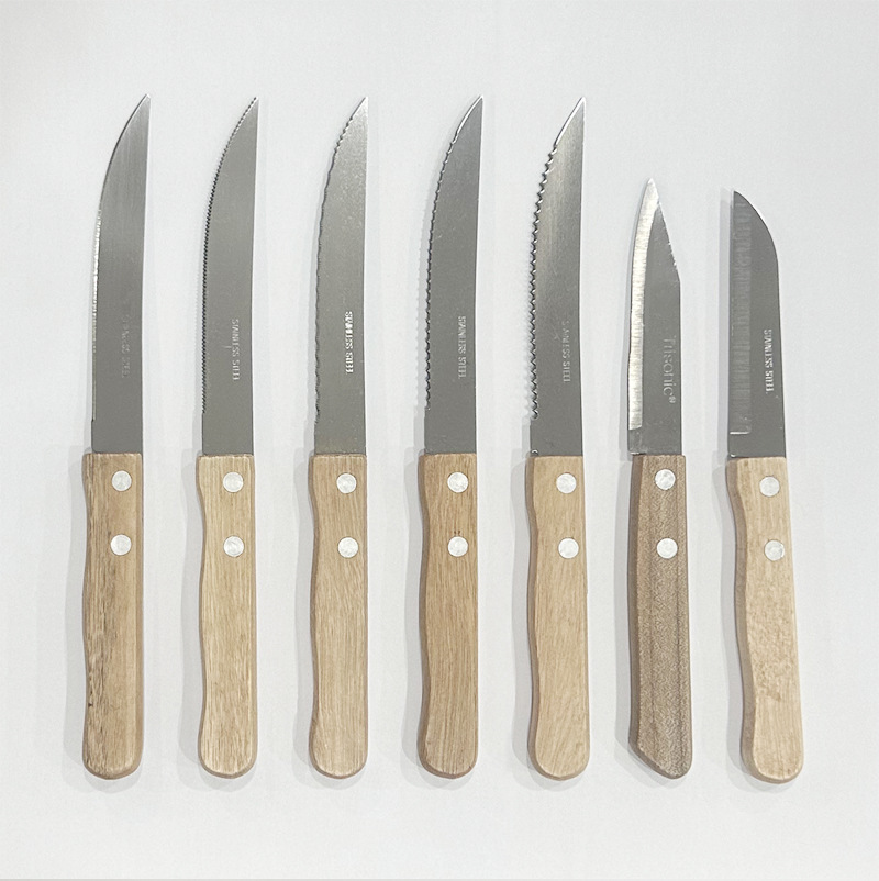 Wooden-handled outdoor barbecue BBQ knives, kitchen stainless steel steak serrated knives, Western cuisine steak knives full figure