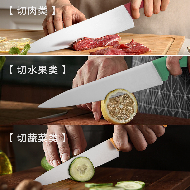 The hotel kitchen classifies raw and cooked food with colorful handles, chef's knives, head chef's knives, and commercial Western-style knives details Picture
