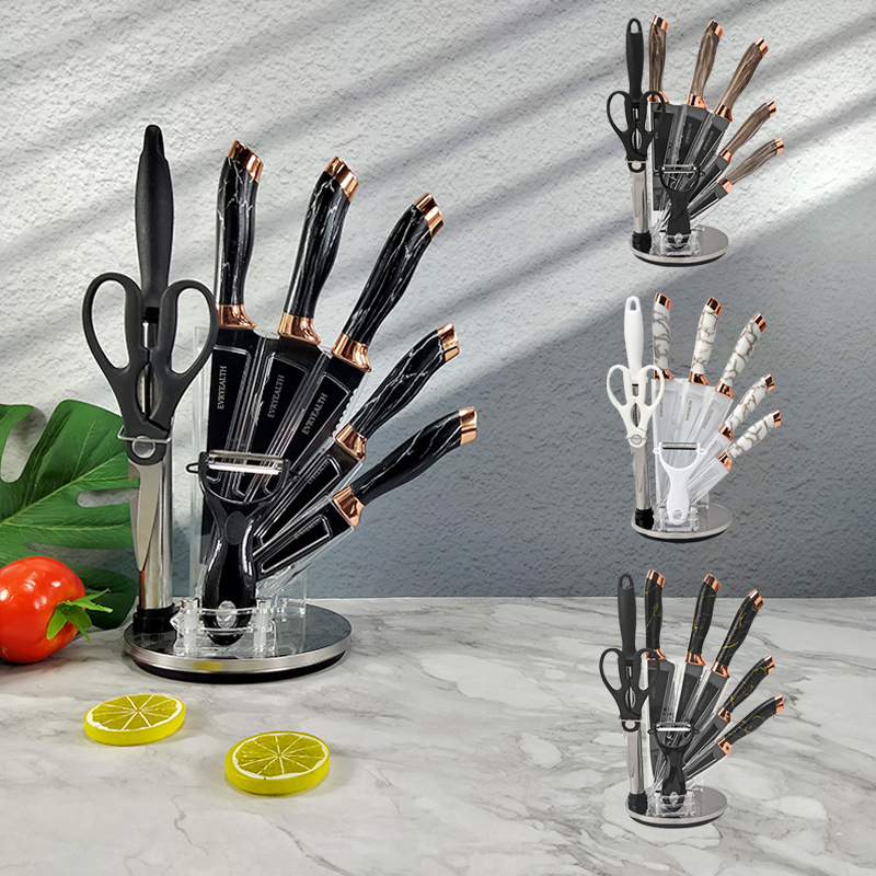 Knife set: Stainless steel painted kitchen knife, double electroplated head, nine-piece set, acrylic rotating knife seat, kitchen knife set full figure