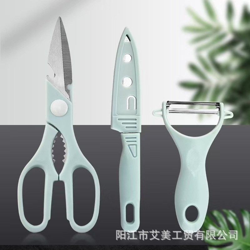 In stock: stainless steel fruit knife, kitchen scissors, peeler, small cutting board set, portable knife, scissors, planer and cutting board combination full figure