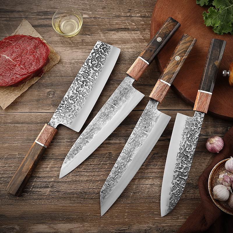 Forged chef's Japanese Santoku knife, octagonal handle, ebony kitchen knife, hand-hammered stainless steel ox knife, cutting set, small kitchen knife full figure