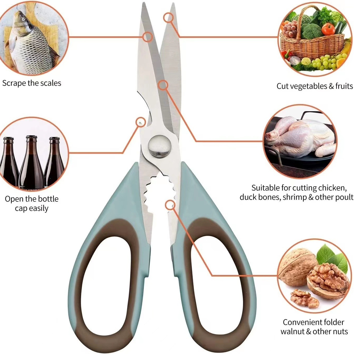 Hot-selling multi-functional kitchen scissors, stainless steel bottle opening food scissors, strong scissors for complementary foods and vegetables, in stock for wholesale details Picture