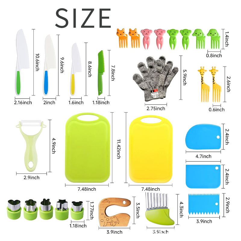 Children's early education plastic fruit knife without hand injury, serrated fruit knife, bread knife, children's plastic knife, cutting board 28 sets Item Picture