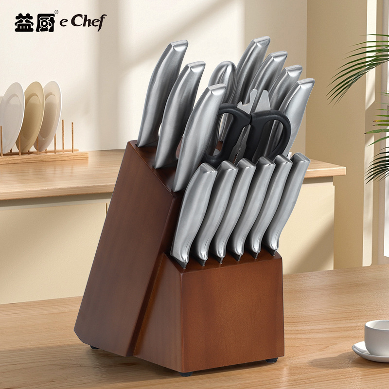 A 16-piece set of stainless steel kitchen knives for export, a combination of household multi-functional kitchen knives and solid wood knife racks full figure