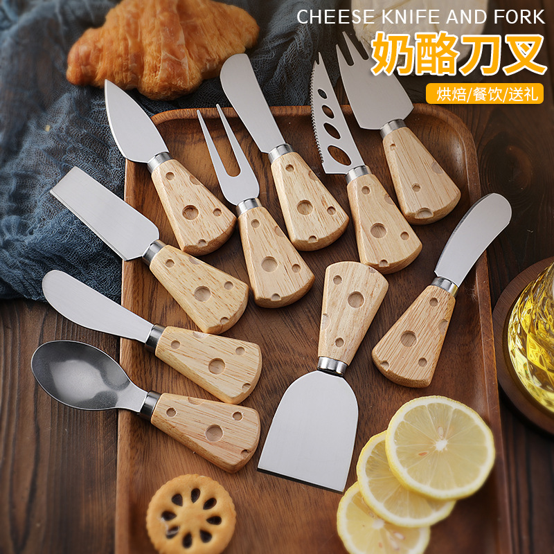 Cross-border creative cheese handle tools, Western tableware, stainless steel knives and forks, butter spatula, rubberwood cheese knife details Picture