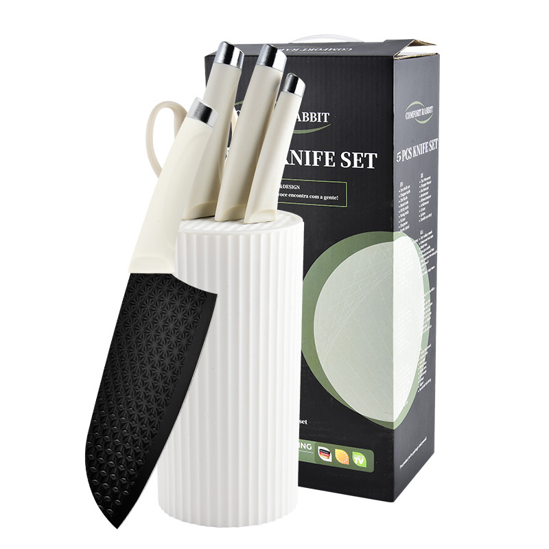 Cross-border bestseller knife set: Stainless steel seagull handle with cylindrical knife holder, five-piece set for household kitchen knives in stock Item Picture