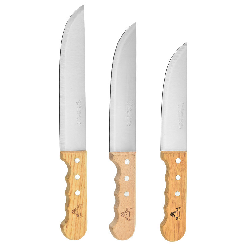 Wholesale stainless steel wooden handle chef knives from the manufacturer, 6 inches, 7 inches, 8 inches, and 9 inches for household use. They are sharp and effective for slicing vegetables and meat Item Picture