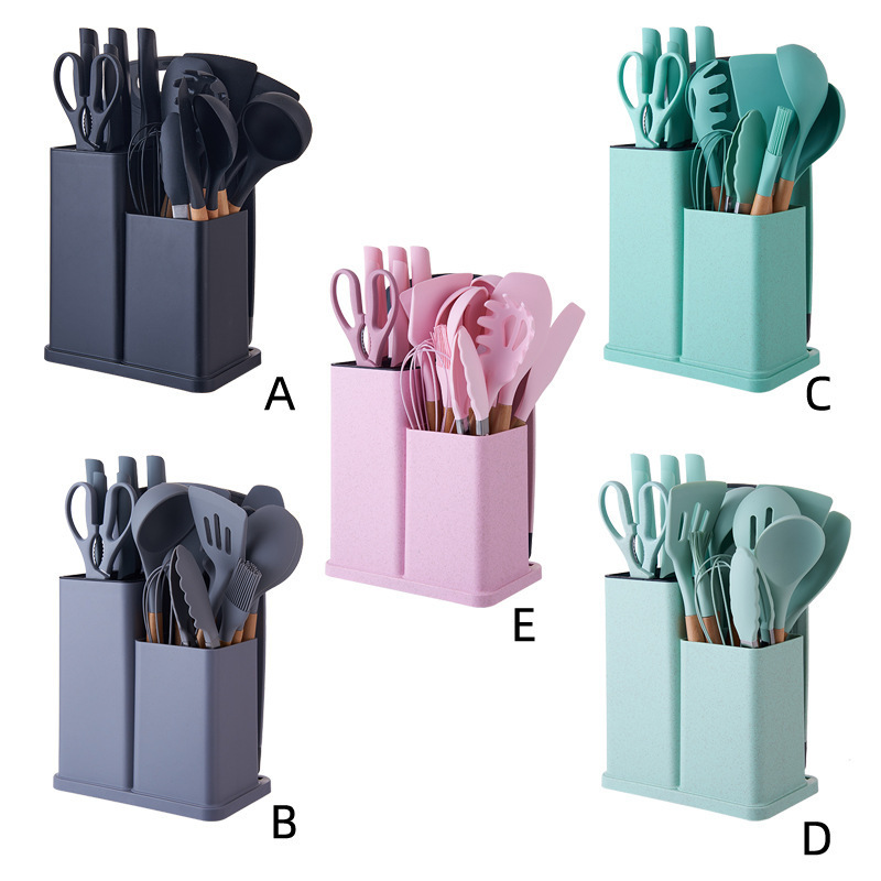 Silicone kitchenware set of 19 pieces, knife combination set, storage cylinder, straw color set, knife holder, storage rack full figure