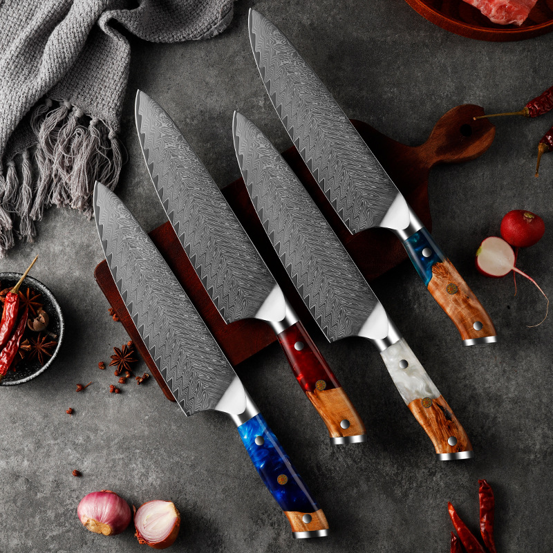 VG10 steel core Damascus steel chef knife, kitchen knife, resin-stabilized wood handle, high-end kitchen knife, slicing knife full figure
