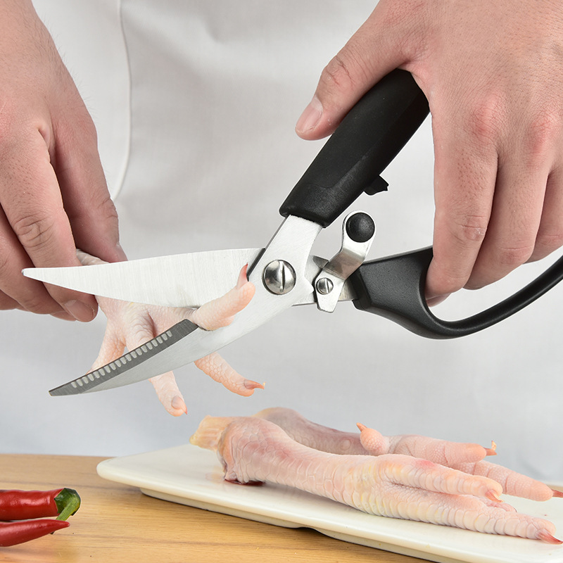 In-stock multi-functional kitchen scissors, stainless steel household scissors, barbecue scissors, food scissors, plastic-handled chicken bone scissors full figure