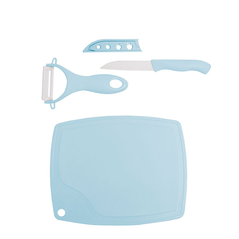 Ceramic fruit knife three-piece set, chopping board peeler set, mini cutting board, home and office peeler, small knife Specification drawing