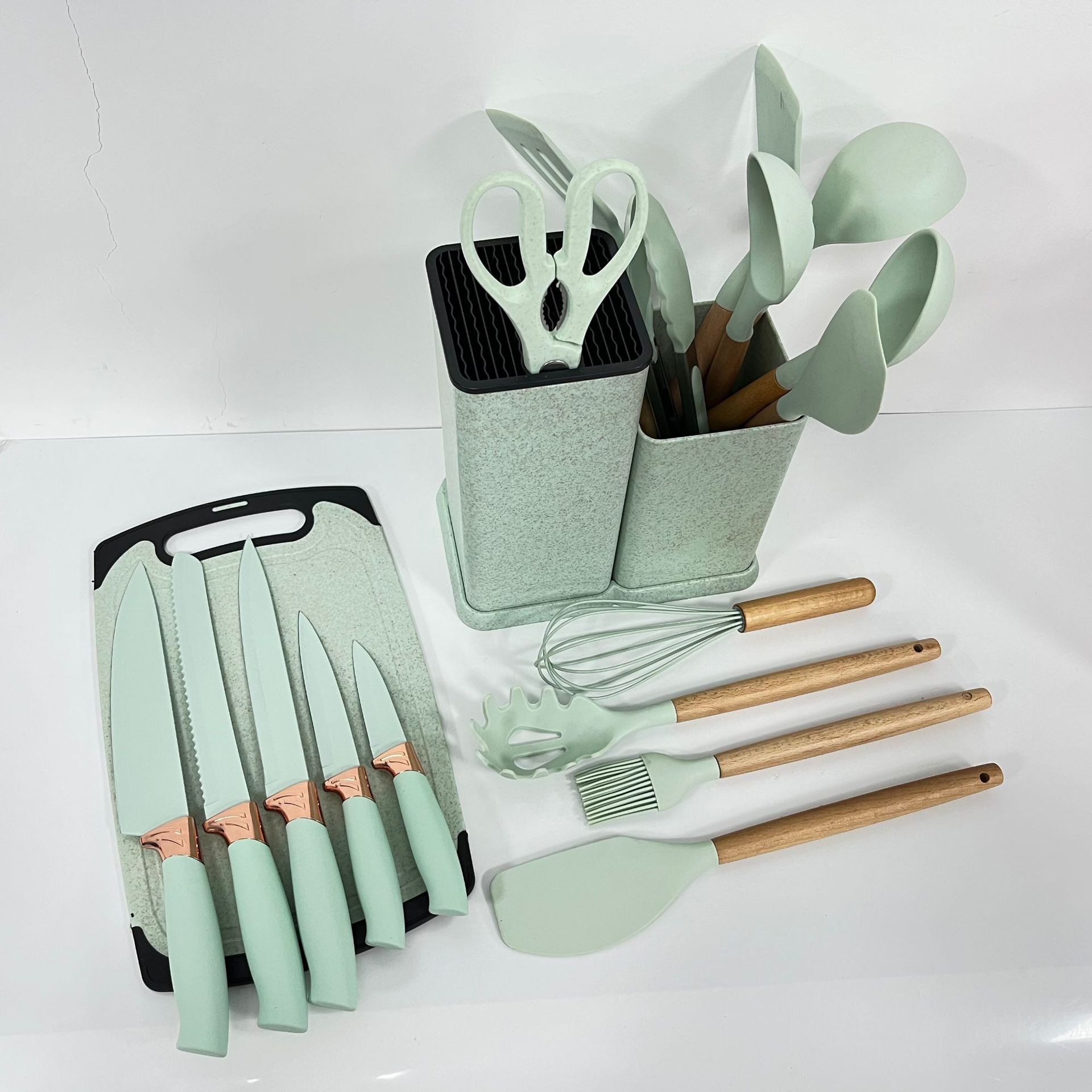 Silicone kitchenware set of 19 pieces, with storage cylinder, knife holder, storage rack, straw color set, knife combination set details Picture
