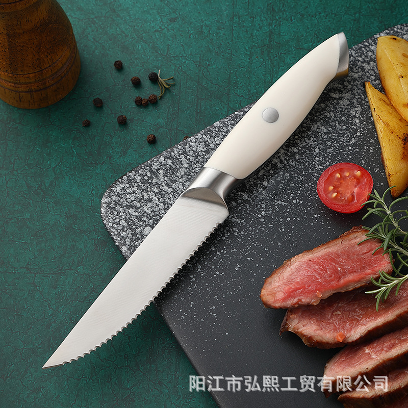 Steak knife, Western-style main course knife, serrated steak knife, cross-border foreign trade white-handled steel-head small knife, Western-style tableware, Western-style dining knife details Picture
