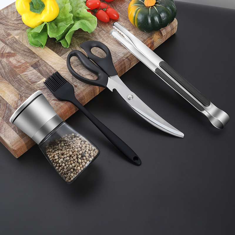 Stainless steel barbecue scissors and clips set, Korean cooking scissors, kitchen scissors, home steak scissors, barbecue set full figure