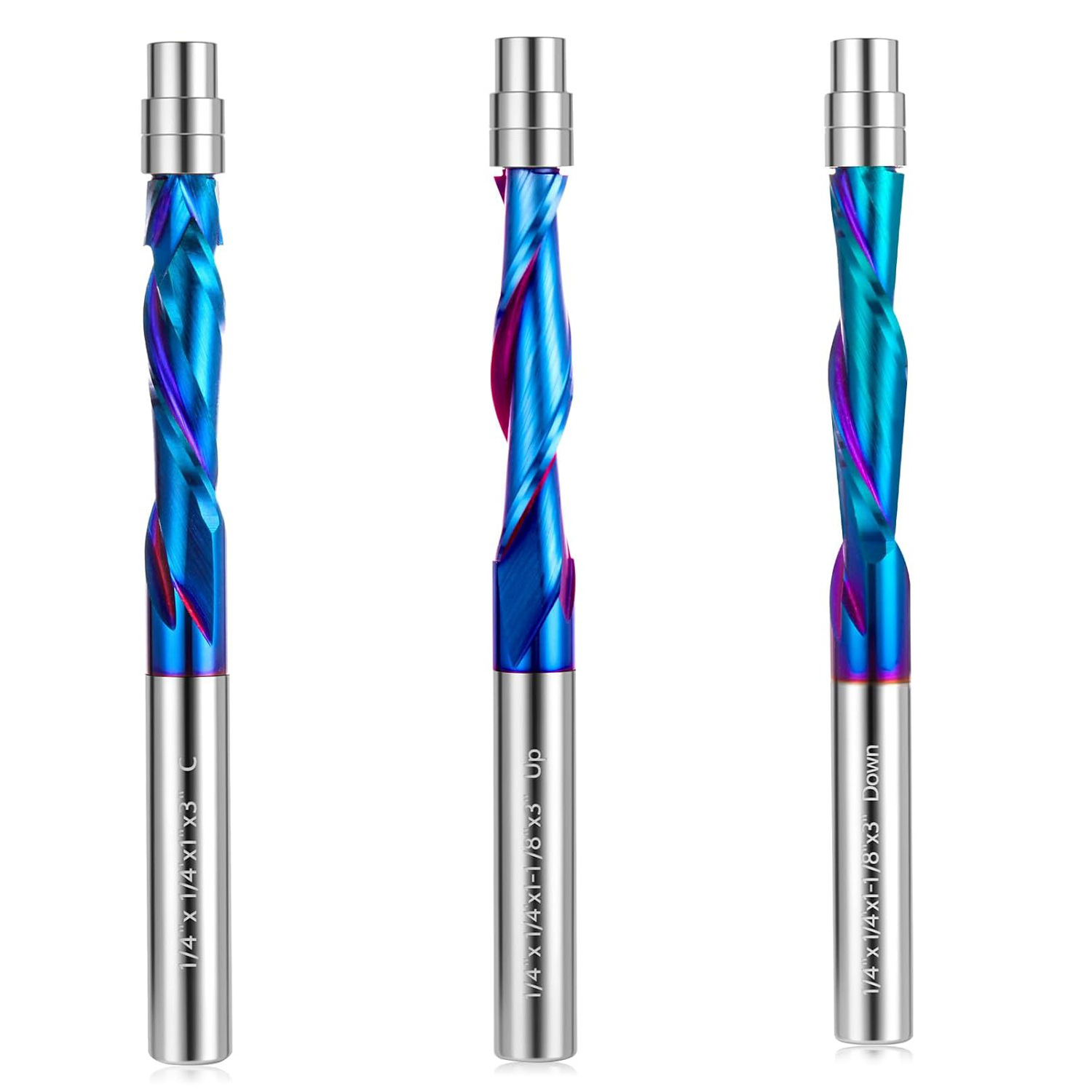 1/4 handle blue-plated seven-color coated integral alloy trimming knife, double-bearing compound edge engraving knife, woodworking milling cutter details Picture