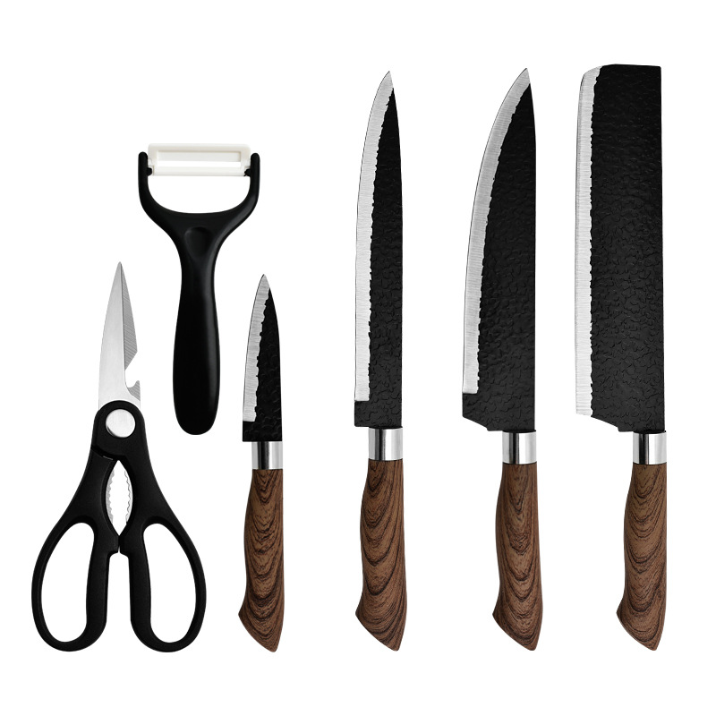New hammer pattern six-piece set, black steel forged and painted stainless steel kitchen knife set, covered handle gift box Application Scenario