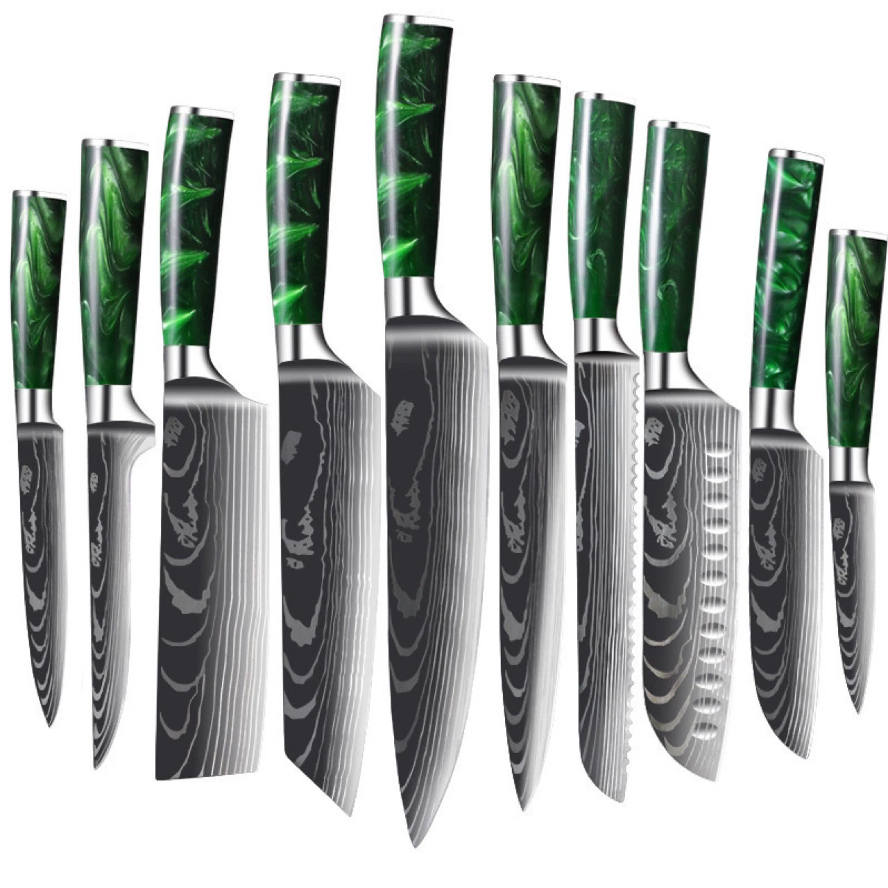 New resin handle Damascus laser pattern chef knife, Santoku knife 4Cr14 stainless steel set knife Item Picture