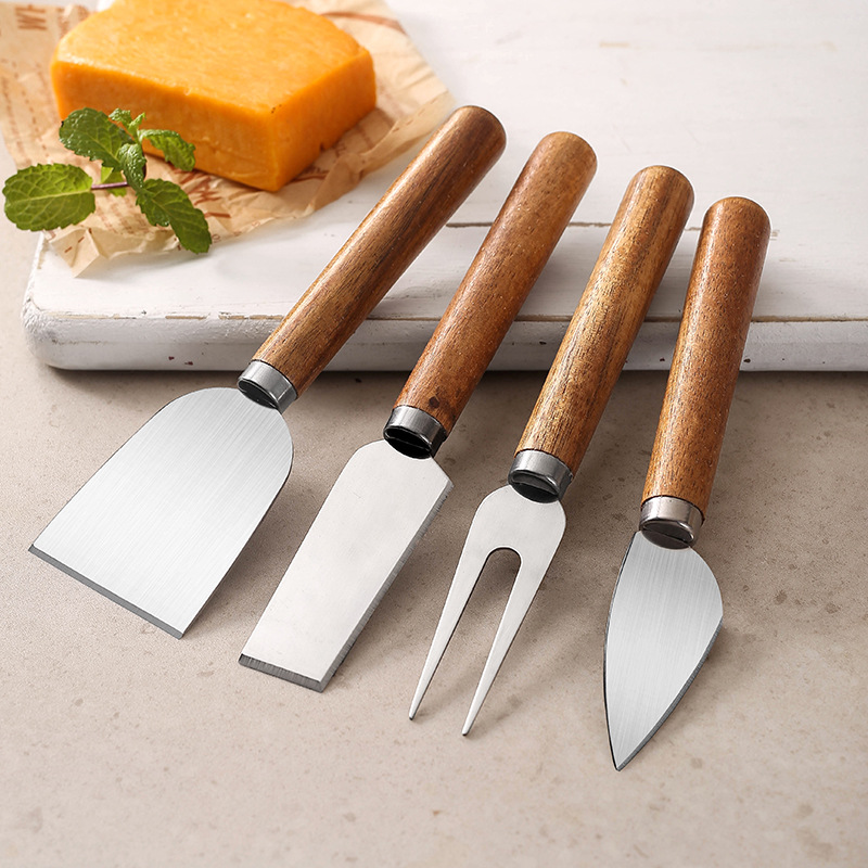 Cheese knife set, stainless steel cheese knife, wooden handle cheese butter knife and fork set, European-style baking cheese butter knife details Picture