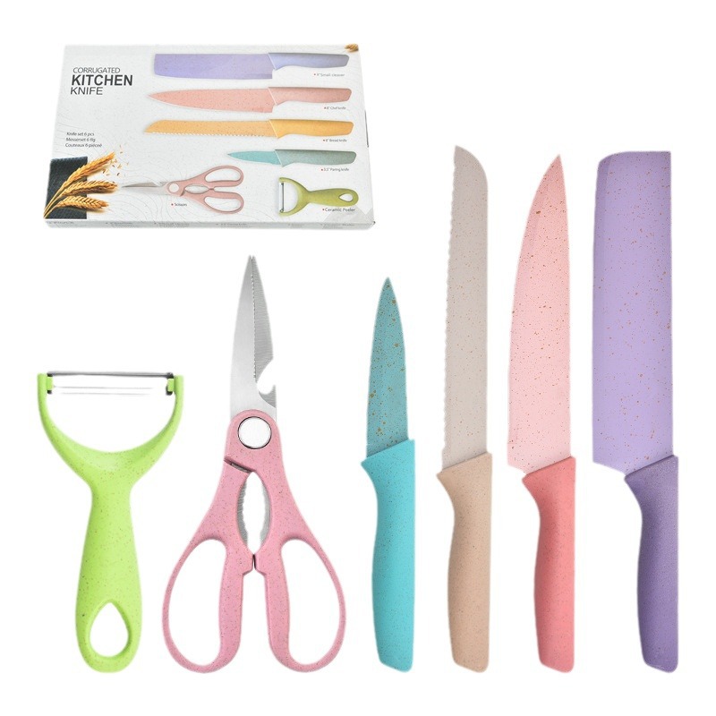 Export kitchen knife set, color wheat straw six-piece set, cooking color spray-painted knife gift box Item Picture