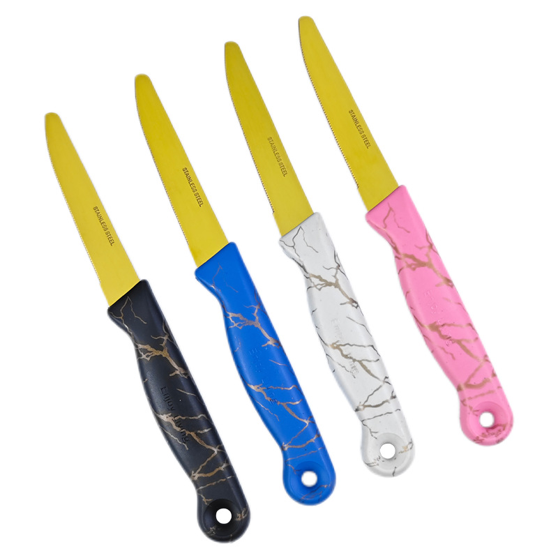 Wholesale fruit knife, household stainless steel fruit steak knife, plastic handle, golden serrated steak knife Item Picture
